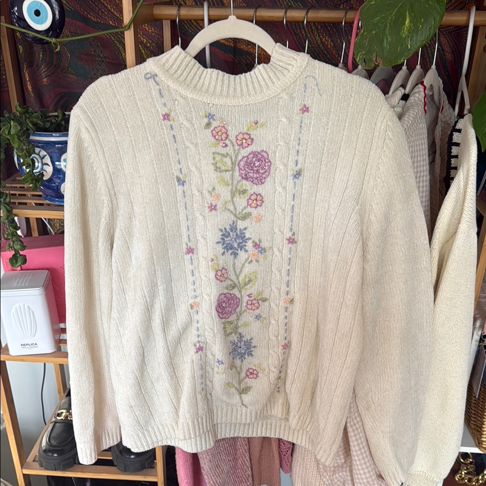 Cream Cowl Neck Sweater with Floral Embroidery and Vintage Style